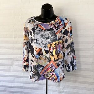 Classic Design Women's Photo Collage Slinky Polyester Blouse Size L Artsy Top